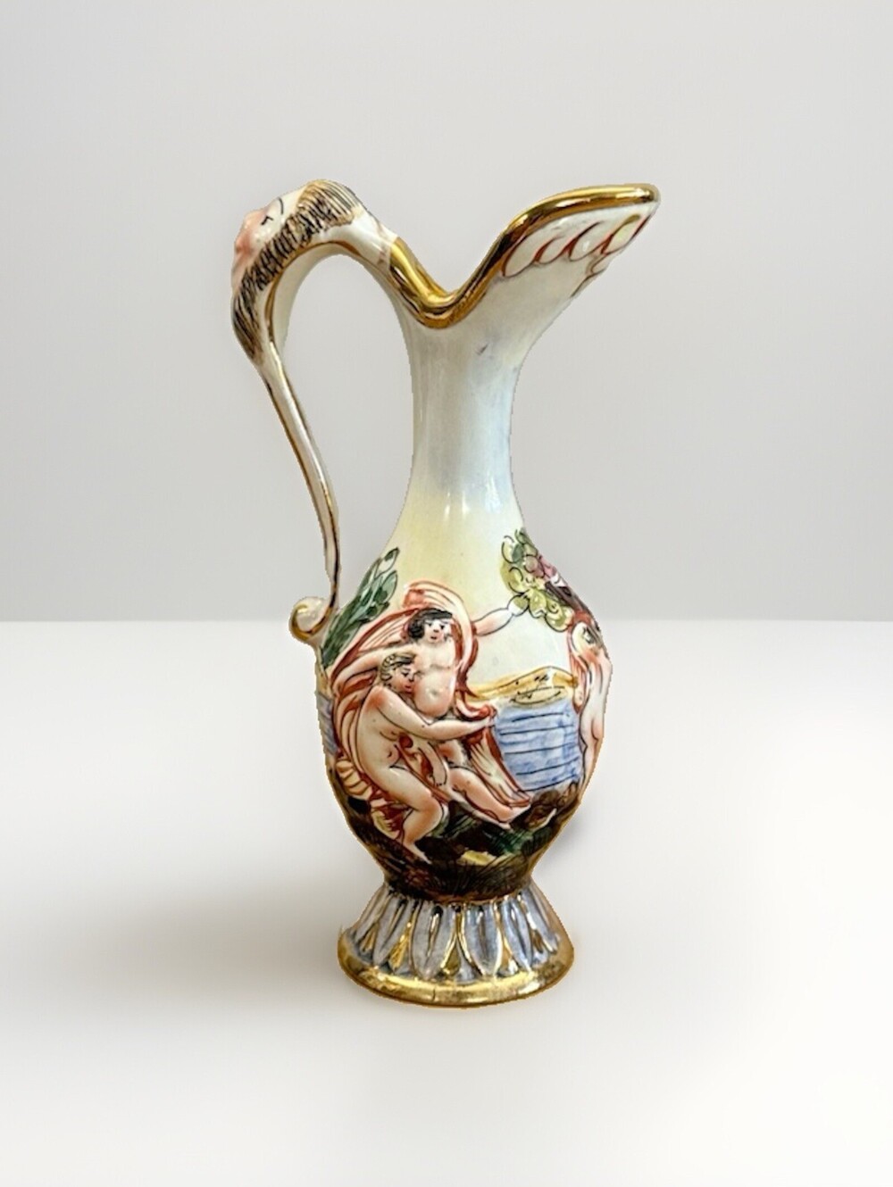 Vintage Collectible Capodimonte Italy Handpainted Gilded Art Pitcher  7”